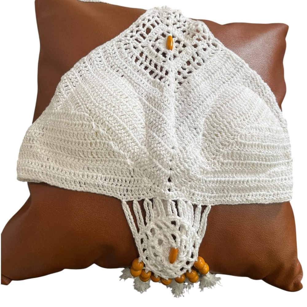 Bohemian White Crochet Halter Neck  Fringe Beaded Padded Bikini Top